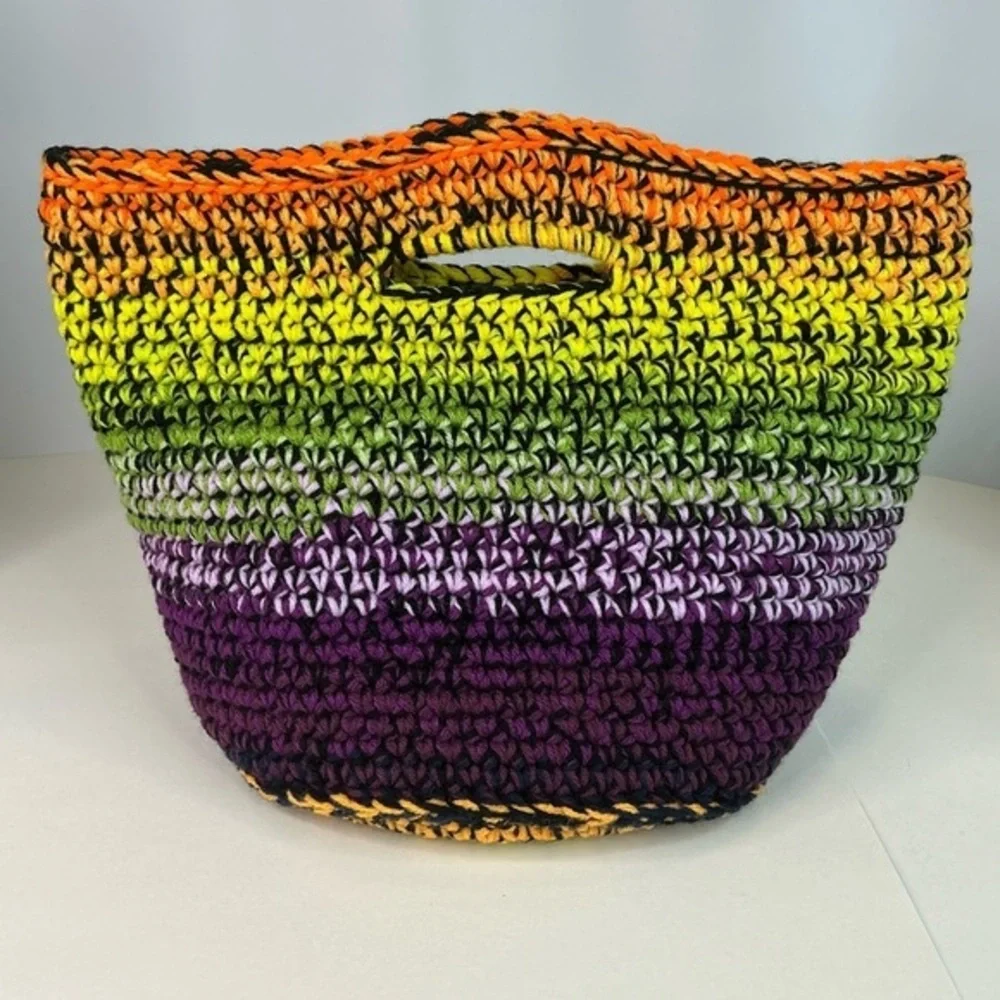 Handcrafted Multicolor Crochet Scrap Woven Tote Bag Basket Storage Handmade Knit